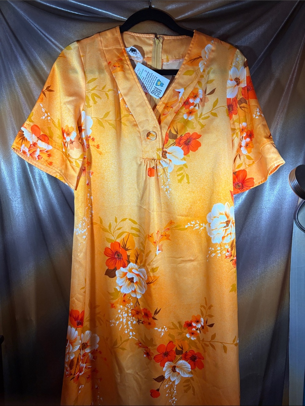 Vintage muumuu by Hawaii Nei Vibrant Orange Floral Satin Dress NN